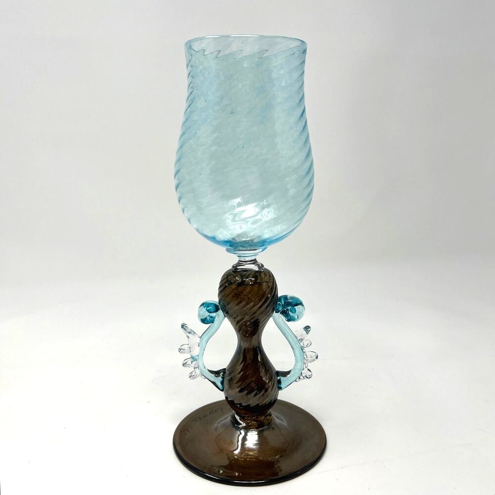 Murano Style Goblet Art Glass Signed Venetian Blue Amber Brown Hand Blown